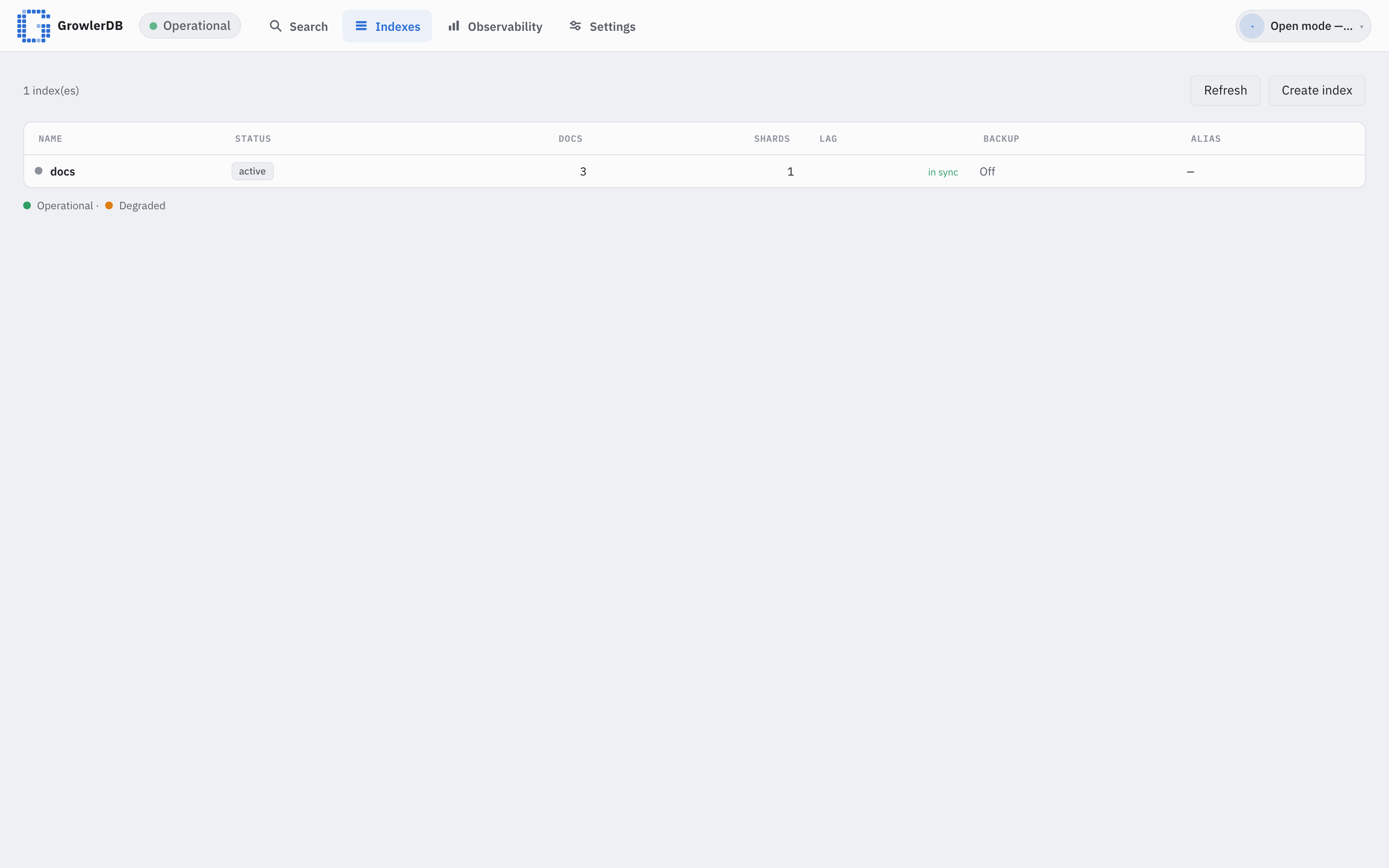 GrowlerDB console — Indexes: the docs index, active, 3 docs, in sync