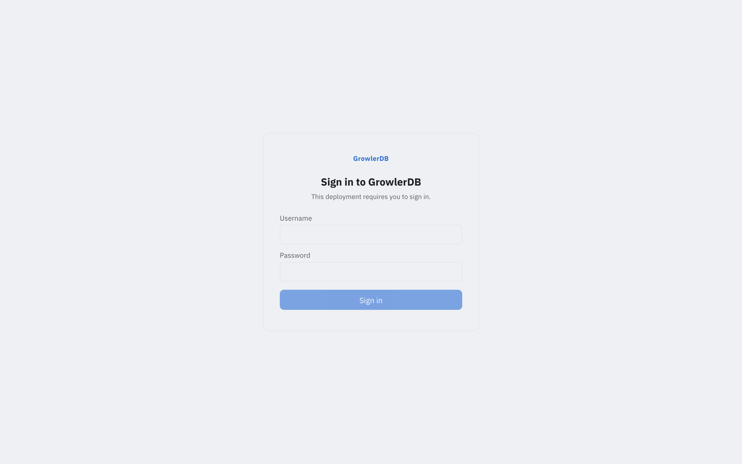 GrowlerDB console — the closed-mode sign-in gate shown before authentication; sign in with the demo credential