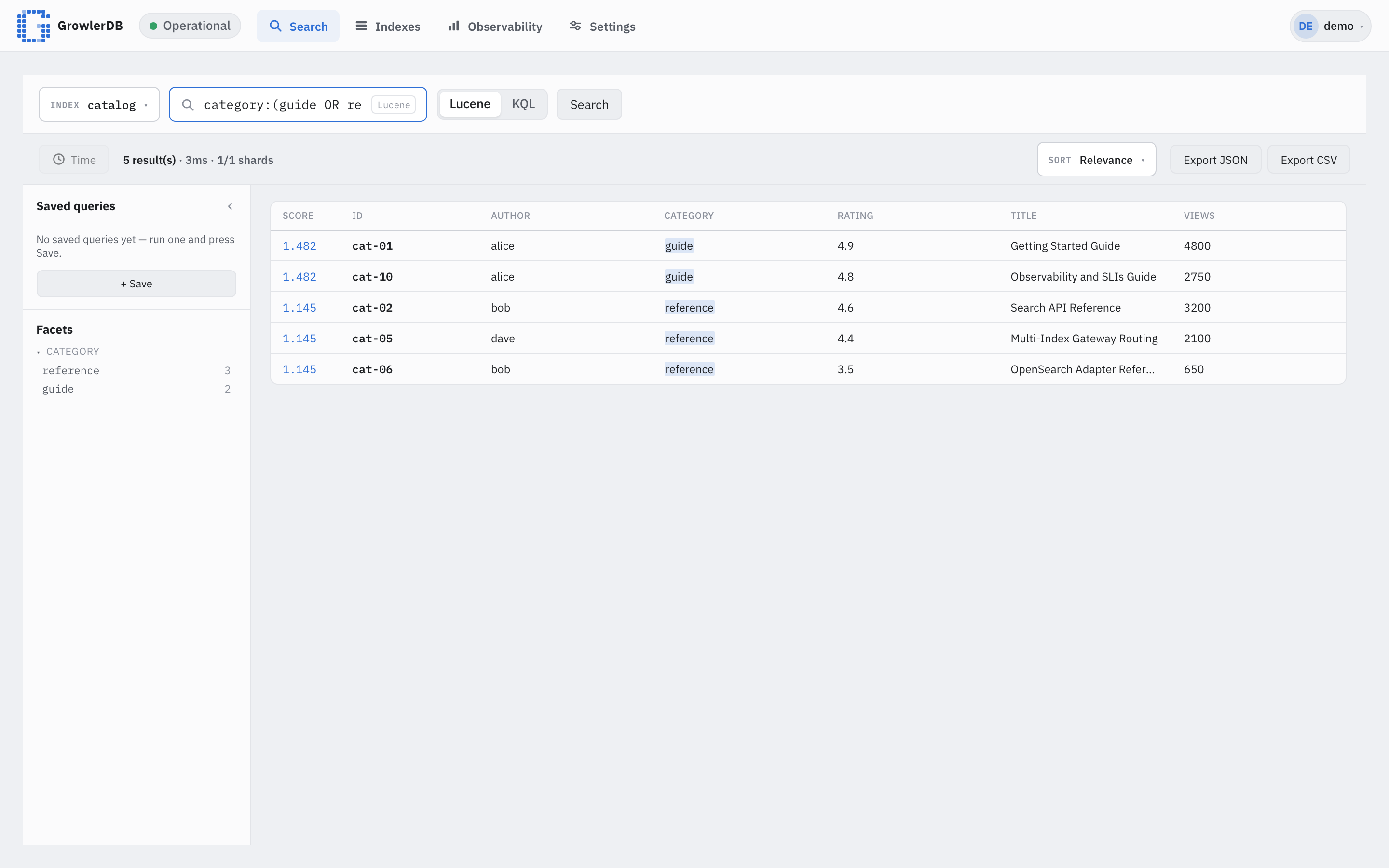 GrowlerDB console — Search: category:(guide OR reference) over the catalog index returns five hits in a datatable, each row showing its cached fields as columns with matched terms highlighted